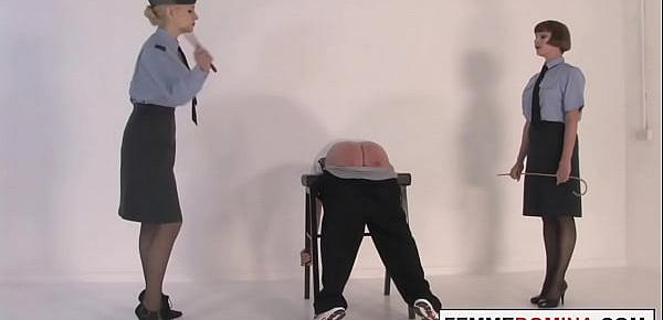  Corporal femdoms caning oldman sub together